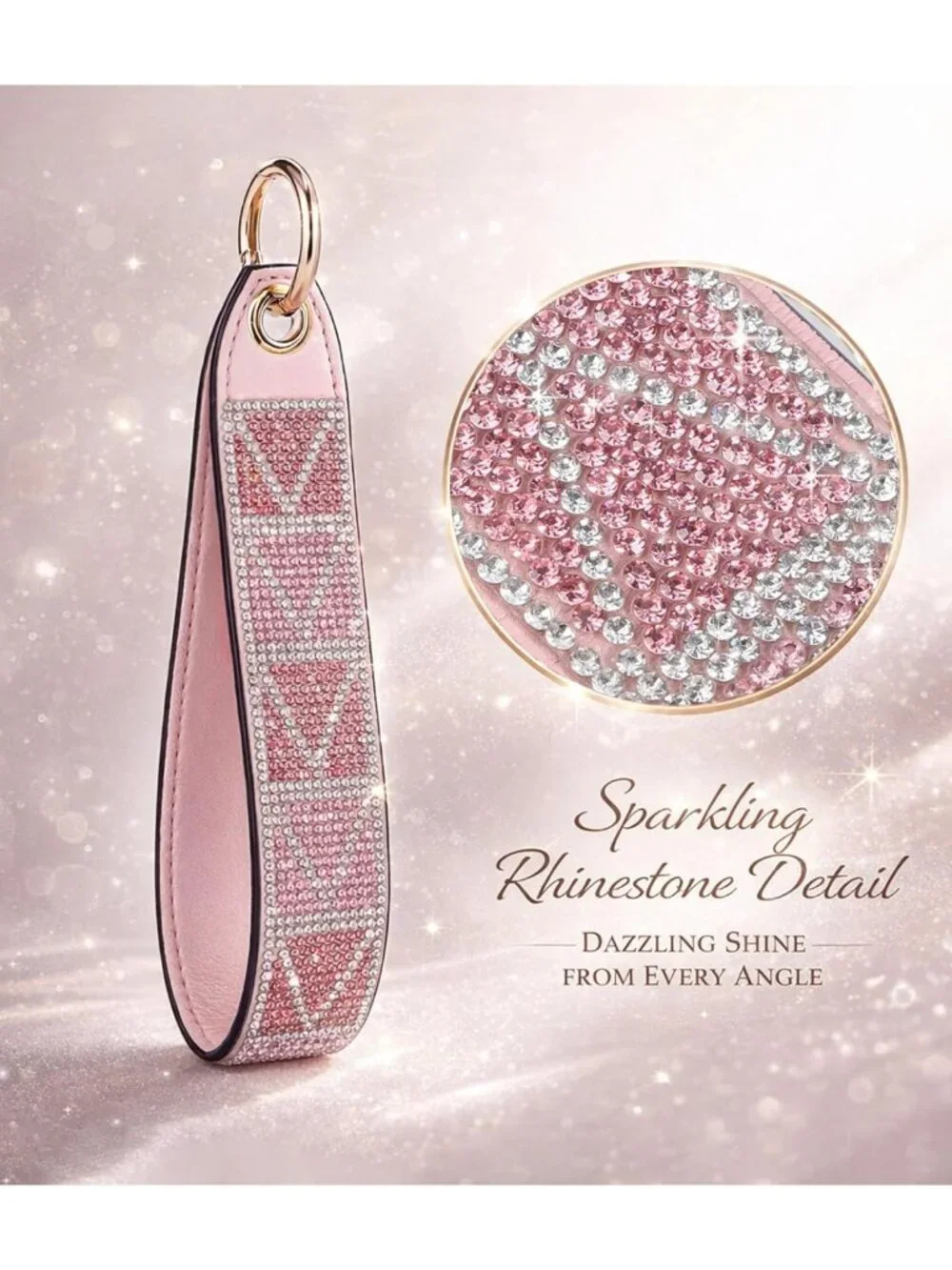 Sparkly Rhinestone Keychain Wristlet with D-ring for Car Keys & Wallets